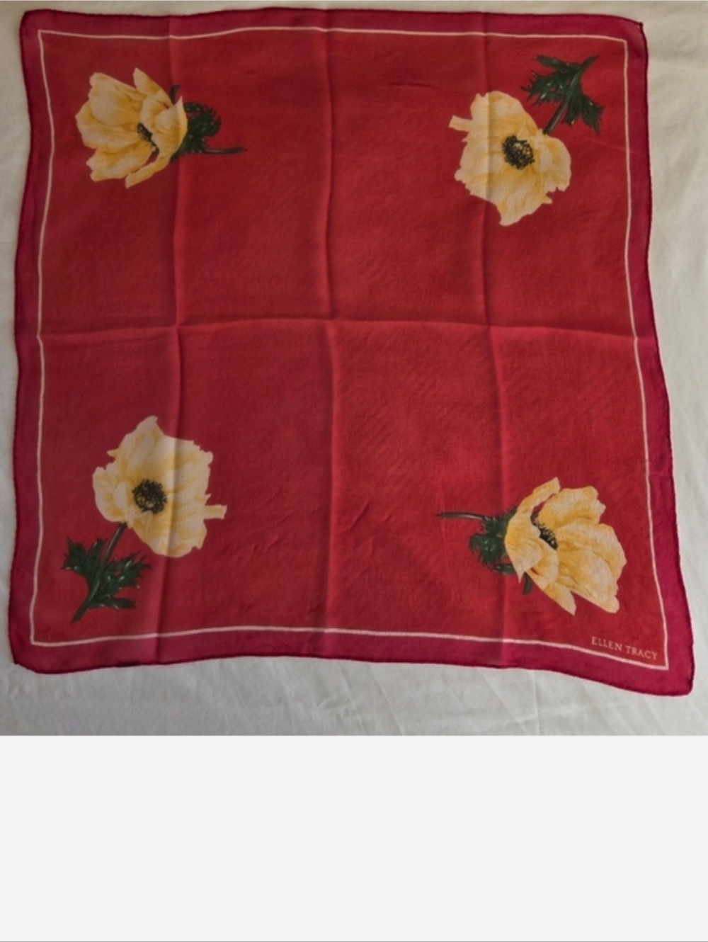 Ellen Tracy Floral Silk Crepe Scarf, Red/Yellow/Multi, Pre-owned, Vintage